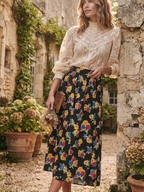 Vintage Vivoli Floral Midi Skirt Primary Colors Black Large